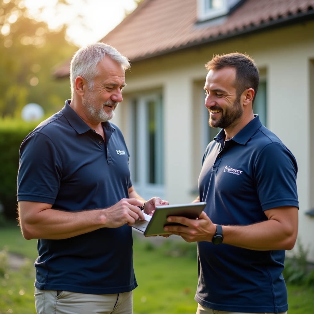 Middle-aged homeowner in casual clothing confidently discussing solar options with an installer on a sunny terrace