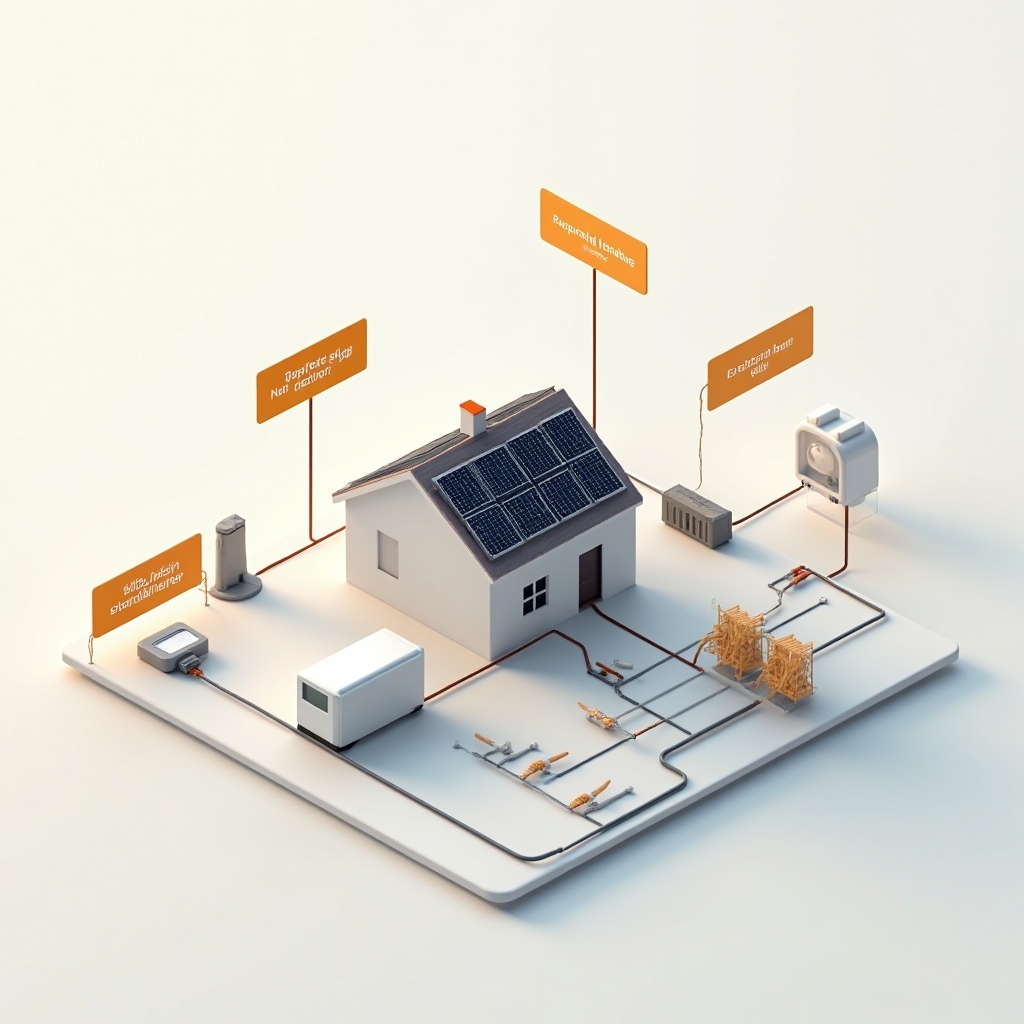 Illustrated diagram showing the components of a small-scale photovoltaic system including panels, inverter, and meter