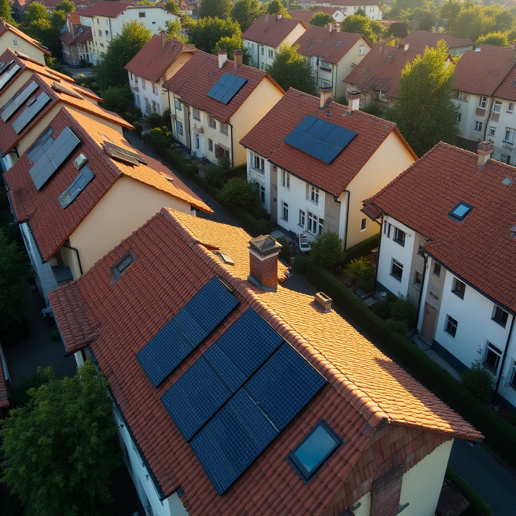 Wide aerial view of a residential neighborhood in Poland with multiple houses featuring solar panel installations on varied roof orientations