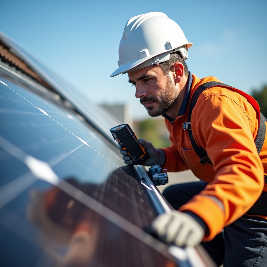 Solar technician in safety equipment carefully inspecting mounted solar panels on a residential roof during a clear afternoon